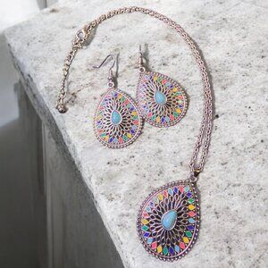 Holiday - New Bohemian Gemstone Silver Necklace & Earrings Set